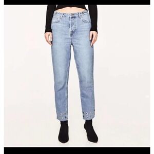 Zara Basic Denim Metal Grommet Rings Fray Raw Hem Cropped Button fly Jeans Sz 4